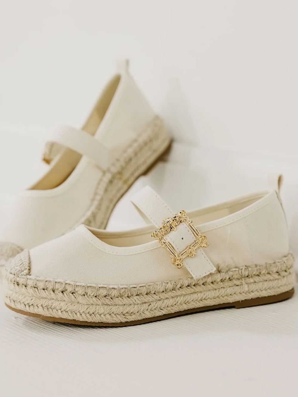 Women’s Cream Mary Jane Espadrille Flats with Gold Buckle